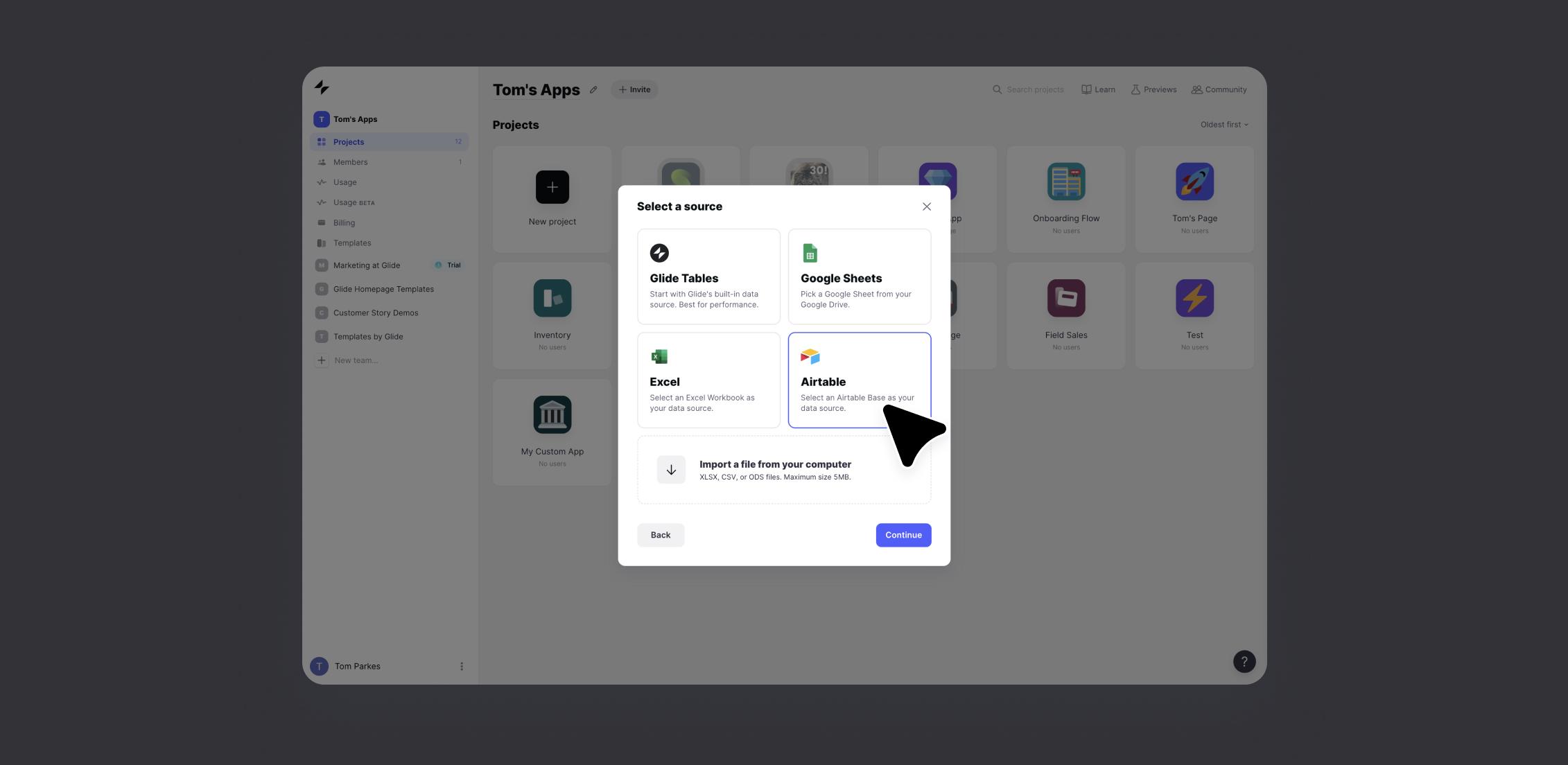 Sign in or create your Glide Apps account. To start a new project from your dashboard, select Airtable as the source.