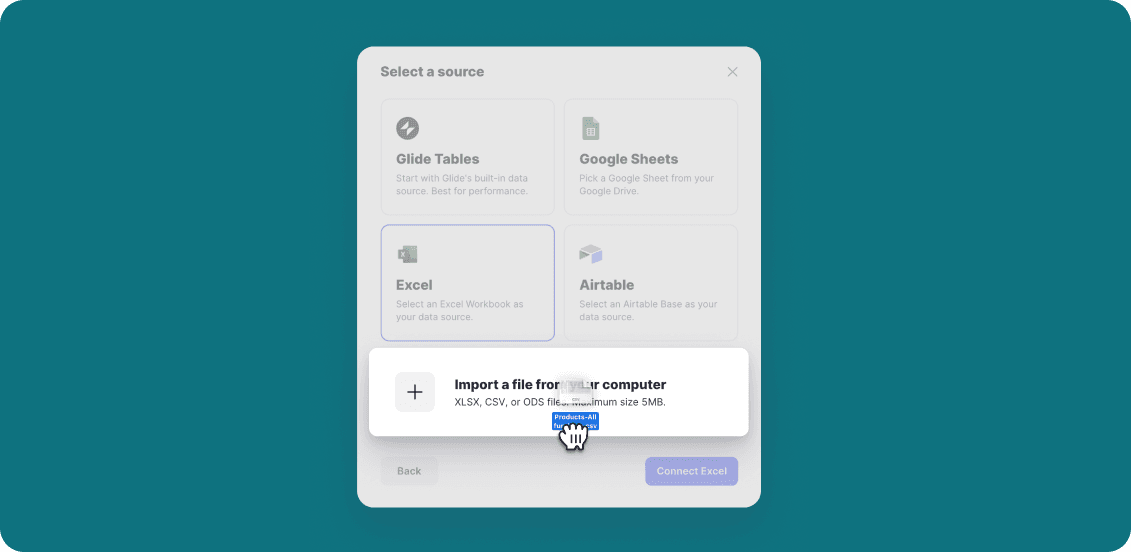 Connect your Excel files to your OneDrive or Sharepoint account. Or import your Excel file (.xlsx or .csv) from your computer.