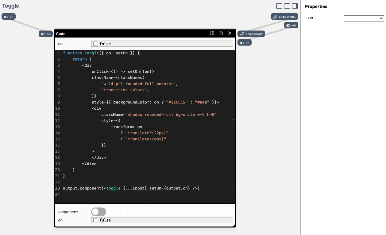 Definition of a Toggle component made up of a single Code node.